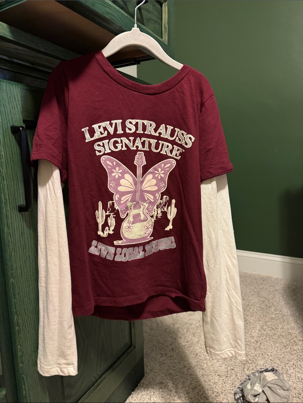 Levi's Girls Maroon Layered-Look Long Sleeve Tee with Cream Sleeves